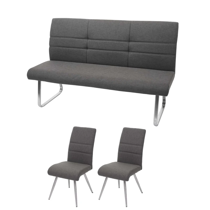 Lot de 2 x chaise de salle à manger + banc 160 cm en tissu gris marron cadre acier inoxydable 04_0007488