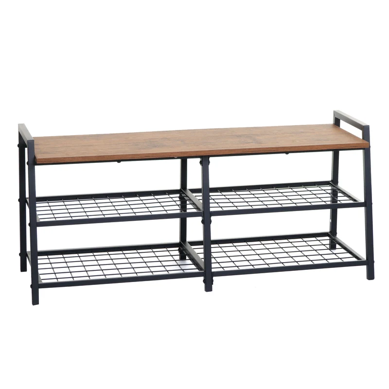 Banc à chaussures avec 4 compartiments 40x107x38 cm métal et MDF aspect chêne 04_0007878