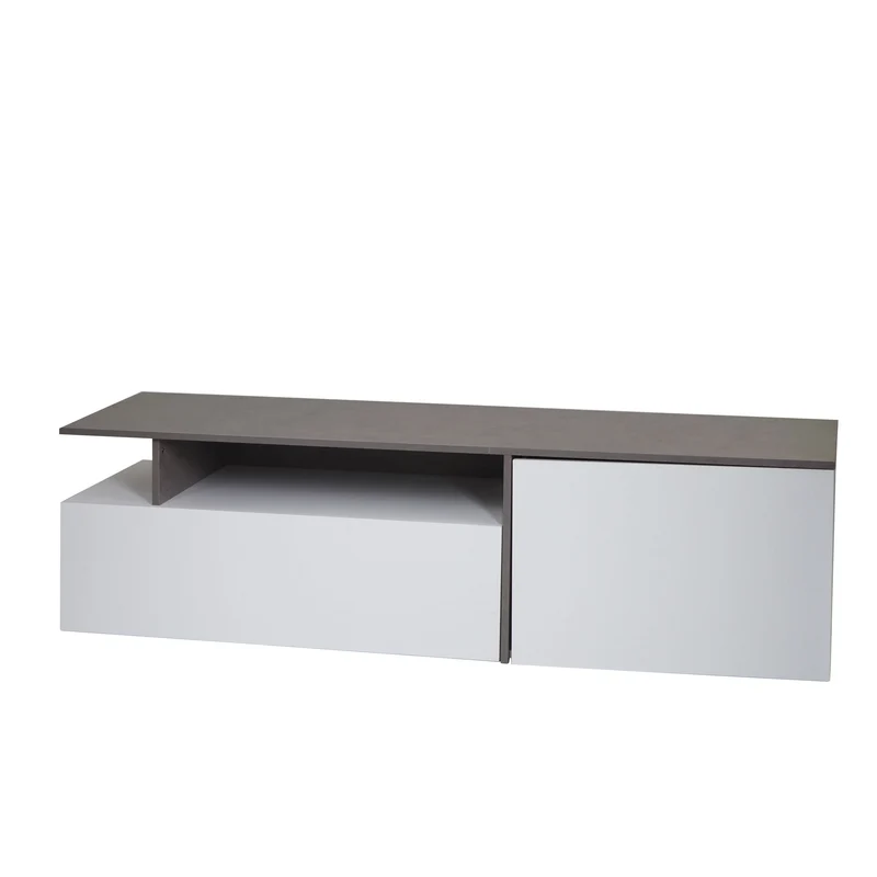 Meuble TV avec deux grands compartiments de rangement avec portes 45x161x40 cm MDF aspect béton blanc 04_0007855