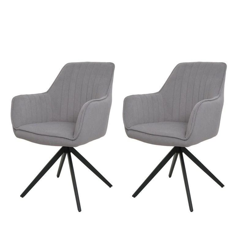 Lot de 2 chaises de salle à manger avec accoudoirs siège rotatif en tissu gris clair cadre en acier noir 04_0007371