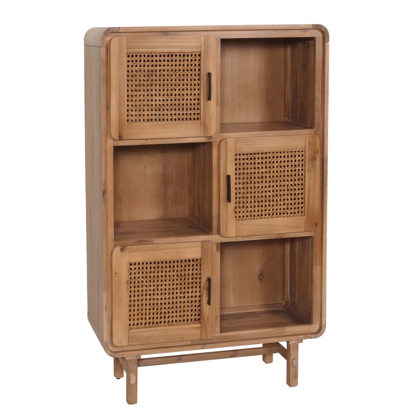 Buffet six compartiments de rangement et trois portes rotin bois massif d'acacia teinté 141x90x35 cm 04_0005979