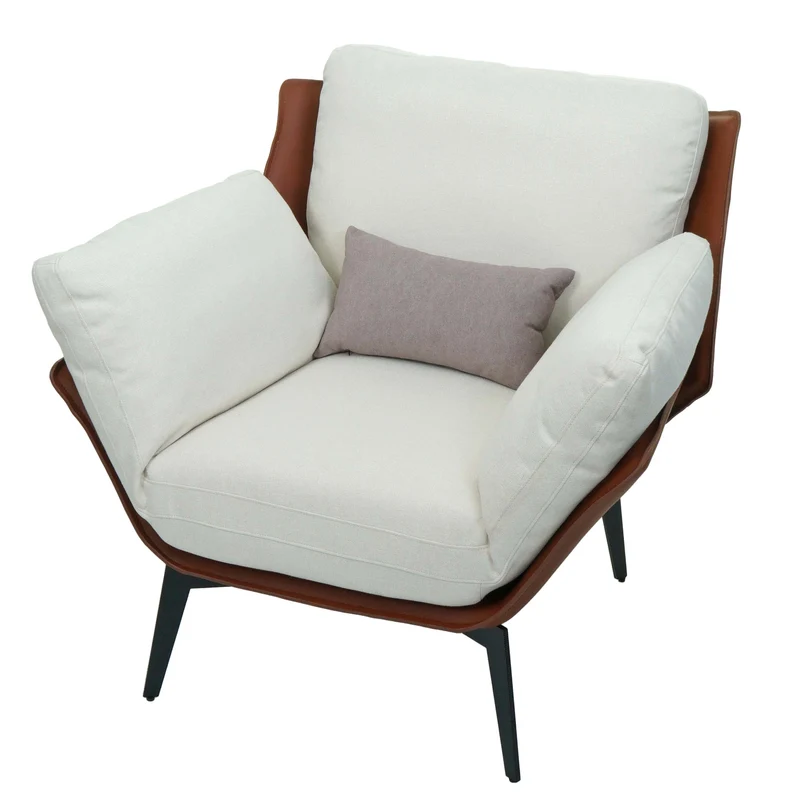 Fauteuil lounge chaise de cocktail rembourrée relaxation en PVC marron foncé et tissu crème métal noir 04_0006840