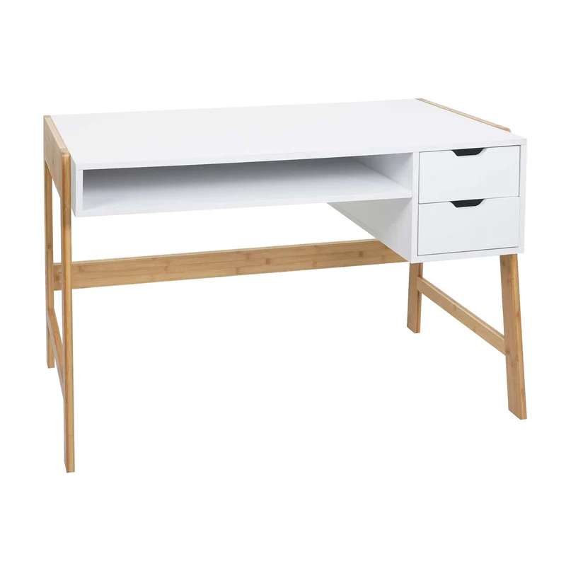 Bureau table d'ordinateur avec deux tiroirs 76x115x58 cm MDF blanc et bambou 04_0006058