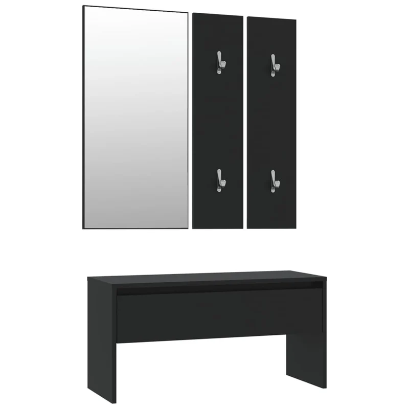 Ensemble de meubles de couloir d'entrée banc avec tiroir de rangement miroir et porte-manteaux en bois d'ingénierie noir DEC024972