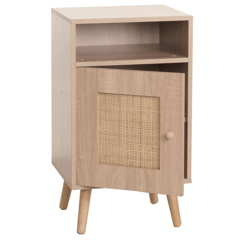 Table de chevet table d'appoint compartiments de rangement kubu rotin bois mélaminé aspect chêne 71x40x41 cm 04_0008530