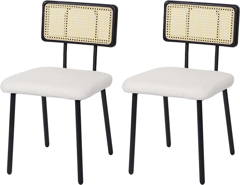 Ensemble de 2 chaises de salle à manger cuisine en métal poly-rotin bois et tissu/textile blanc bouclé CDS04800