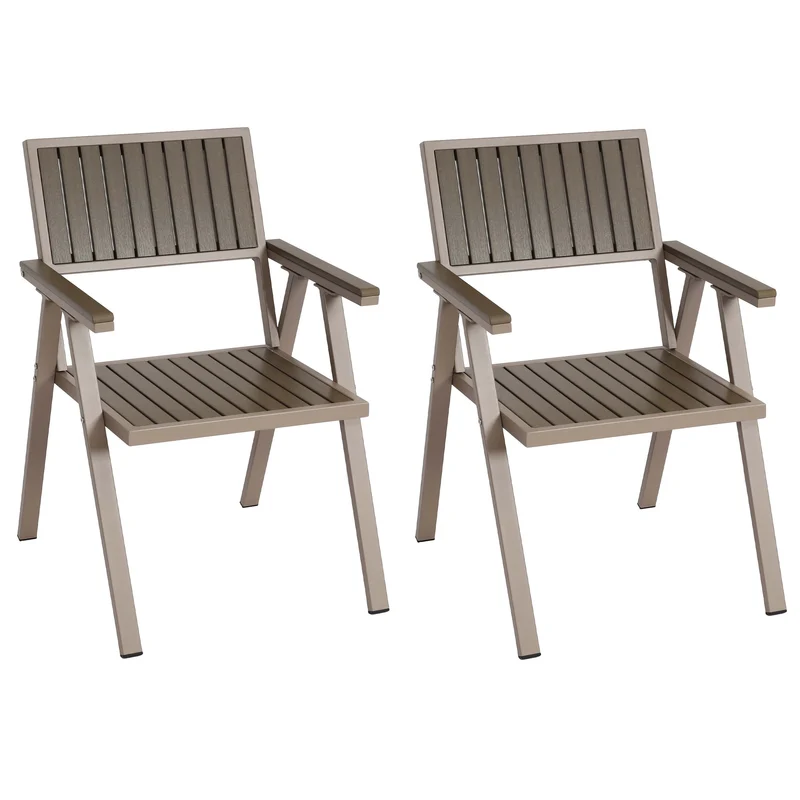 Lot de 2 chaises de jardin extérieur en aluminium aspect bois structure gris champagne 04_0007302