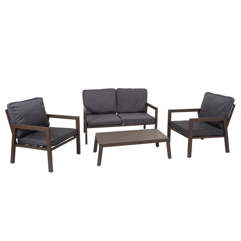 Salon de jardin ensemble canapé fauteuils et table revêtement en métal avec coussin gris 04_0006767