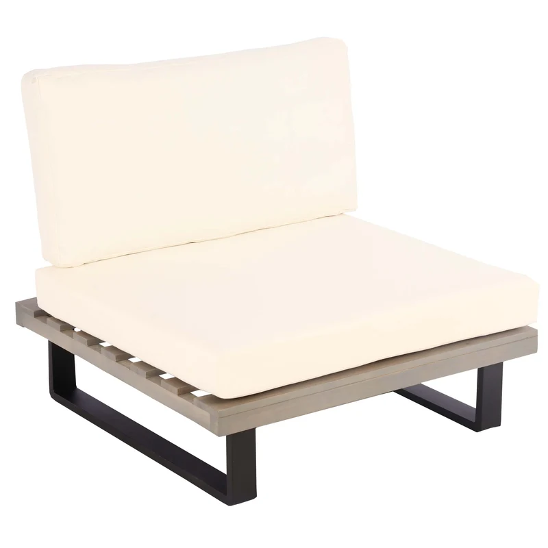 Fauteuil lounge de jardin en bois d'acacia gris et aluminium coussin blanc crème 04_0006846