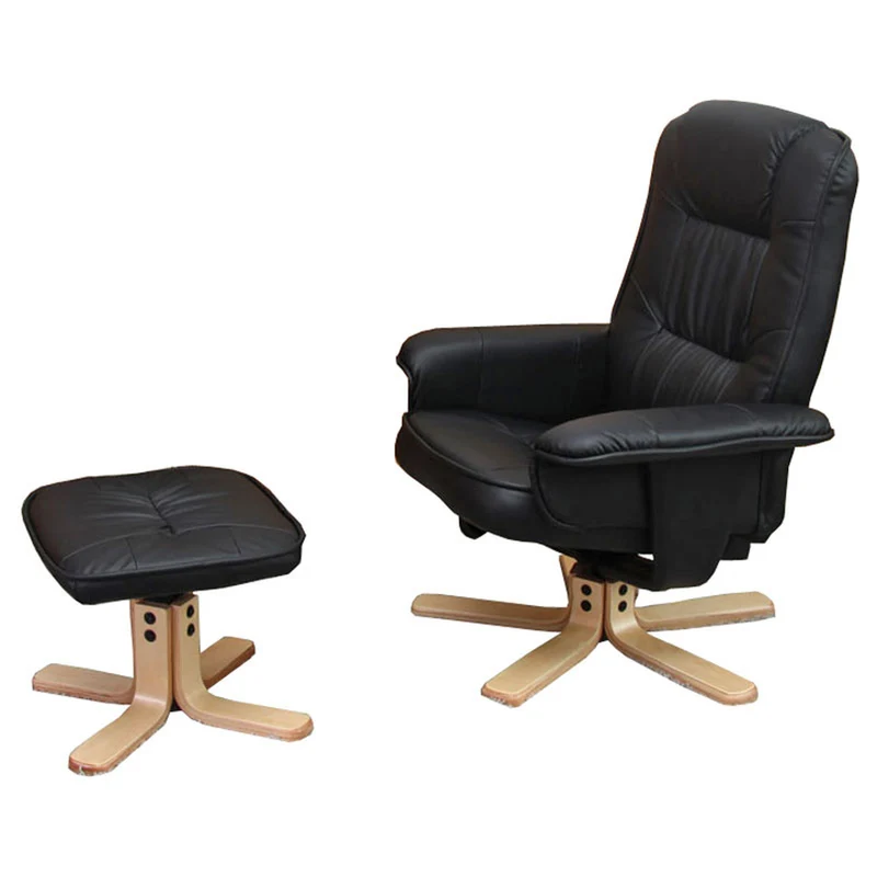 Fauteuil de relaxation TV avec repose-pieds tabouret pouf en PVC noir et bois d'eucalyptus 04_0006837