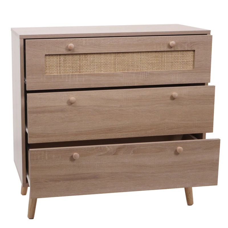 Commode avec 3 tiroirs buffet en kubu bois de rotin mélamine 78x80x39 cm aspect chêne 04_0006540