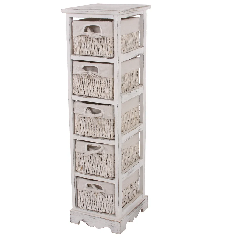 Commode étagère avec 5 tiroirs corbeille 90x25x28 cm aspect vintage blanc 04_0006542