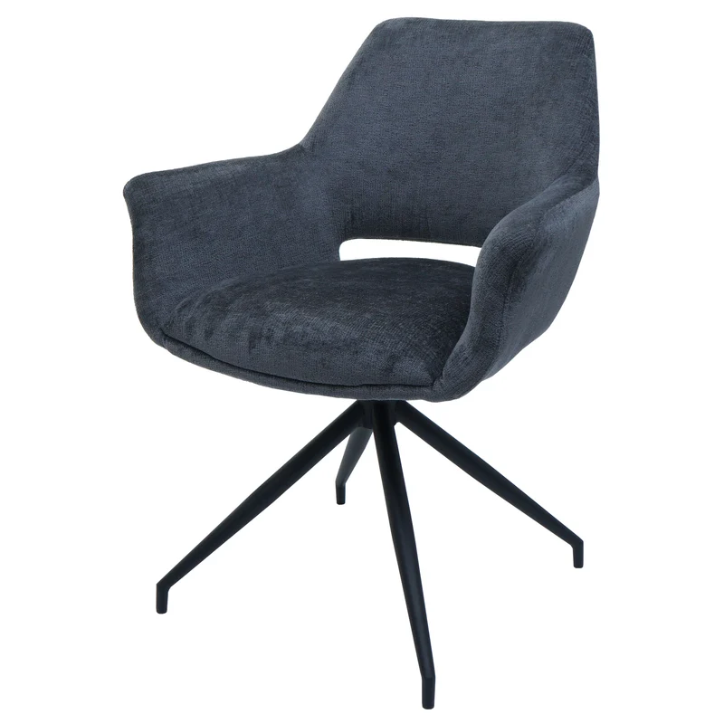 Chaise de salle à manger x1 rembourrée avec accoudoir rotatif en tissu gris foncé et métal 04_0006350