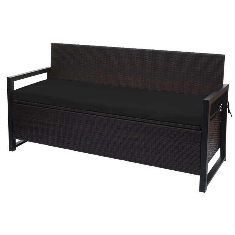 Banc banquette avec compartiment de rangement 3 places en polyrotin marron coussin noir 04_0005807