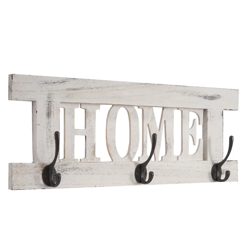 Porte-manteau mural patère en bois blanc vintage avec 3 crochets 20x55cm MED04052