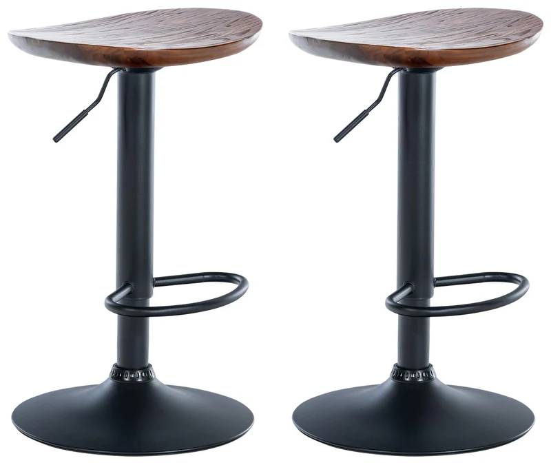 Lot de 2 tabourets de bar en bois massif noyer et métal noir design rustique TDB10599