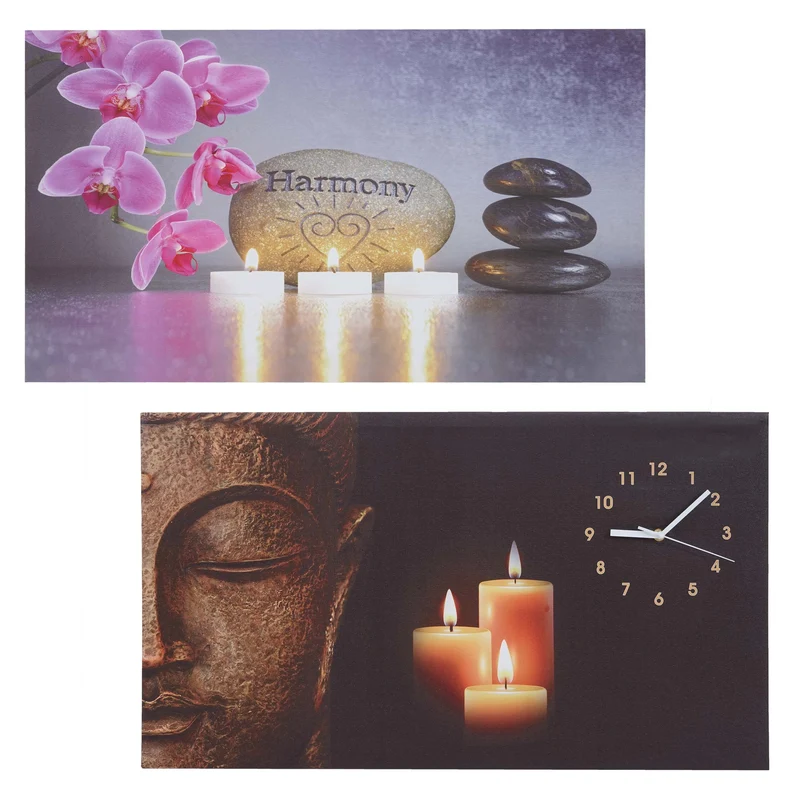 Ensemble de 2 tableaux LED tableau lumineux sur toile tableau mural minuterie Bouddha/Harmonie horloge murale 70x40cm 04_0000454