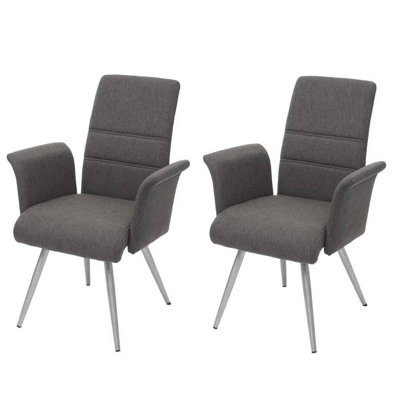 2x chaises de salle à manger cuisine avec accoudoir tissu et acier inoxydable gris-brun 04_0000403