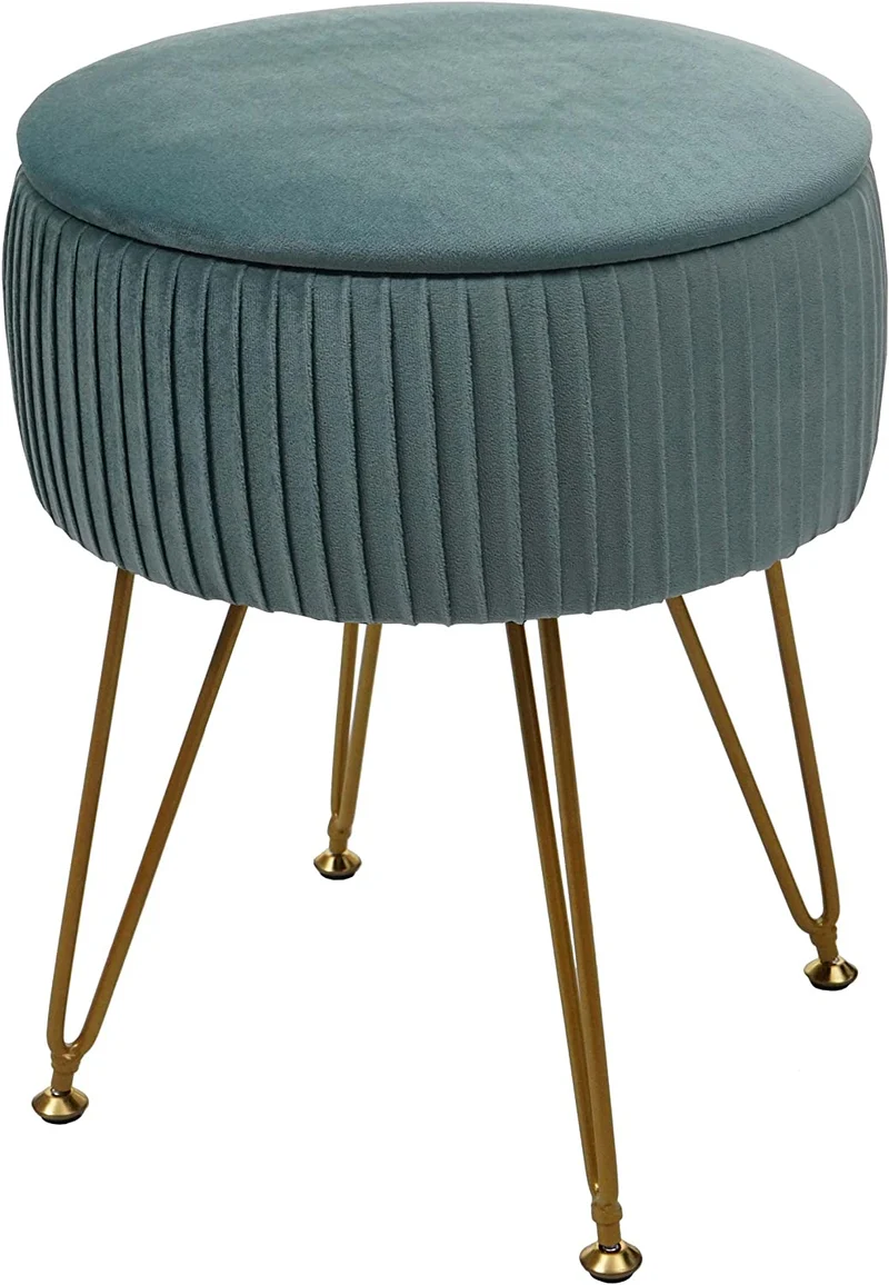 Tabouret avec compartiment de rangement Ø 33cm aspect velours vert clair cadre doré TABO04014