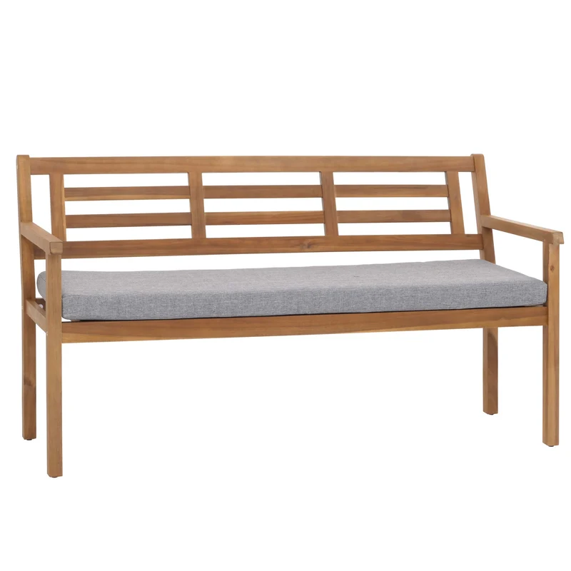 Banc de jardin en bois d'acacia massif avec dossier et accoudoirs inclus coussin gris 04_0005836