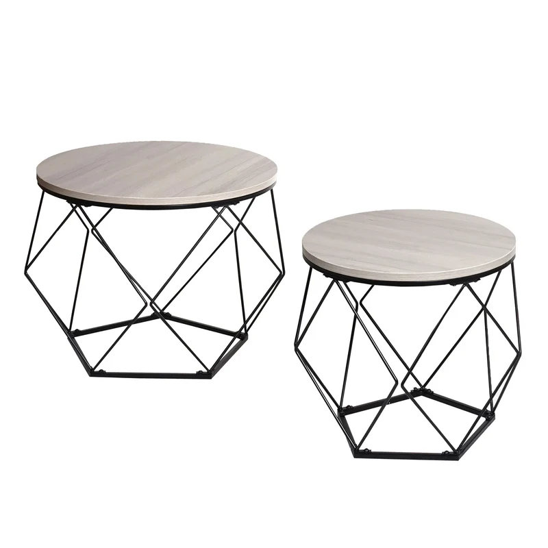 Ensemble de deux tables basses tables d'appoint en métal et MDF aspect chêne gris 04_0006763