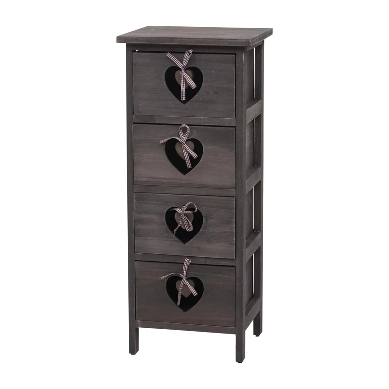 Commode armoire avec 4 tiroirs décoration coeurs 70x29x25 cm aspect vieilli vintage gris-brun 04_0006497