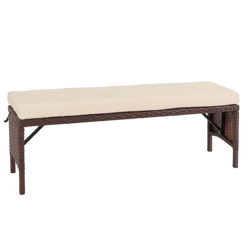 Banc de jardin en polyrotin marron longueur 112 cm coussin crème 04_0005838