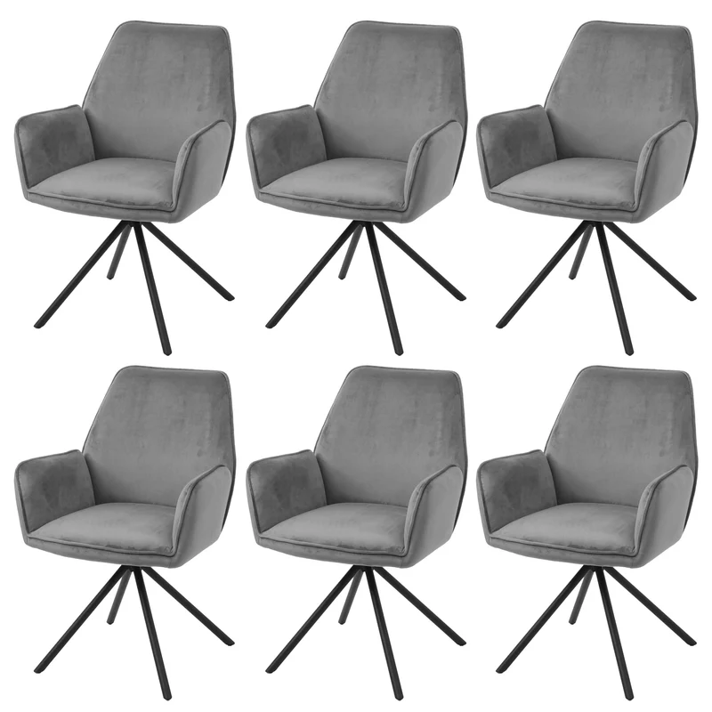 Lot de 6 chaises de salle à manger rotative avec accoudoirs en velours gris foncé cadre trépied noir 04_0000863