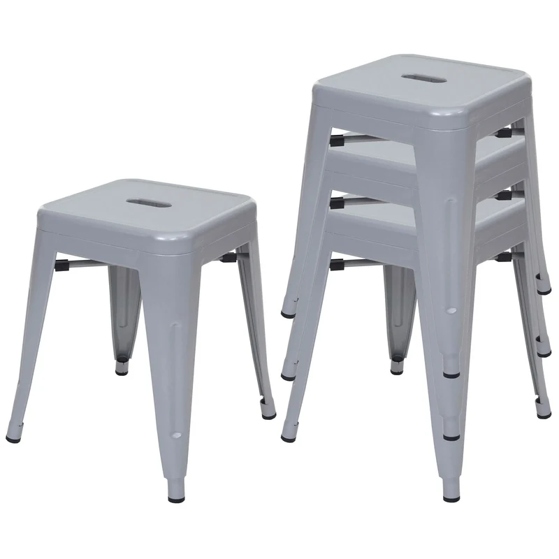 Lot de 4 tabourets bas design industriel empilables en métal gris 04_0005234
