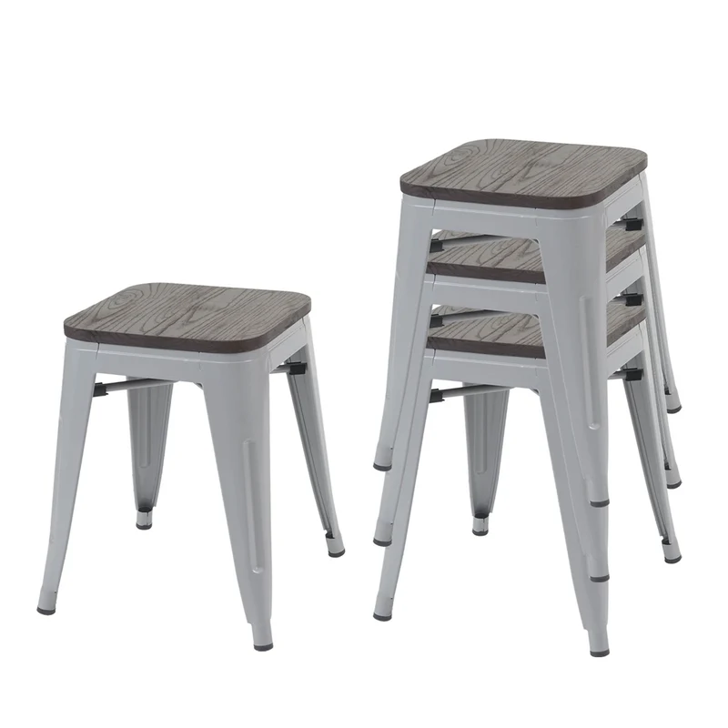 Lot de 4 tabourets bas design industriel empilables assise en bois en métal gris 04_0005230