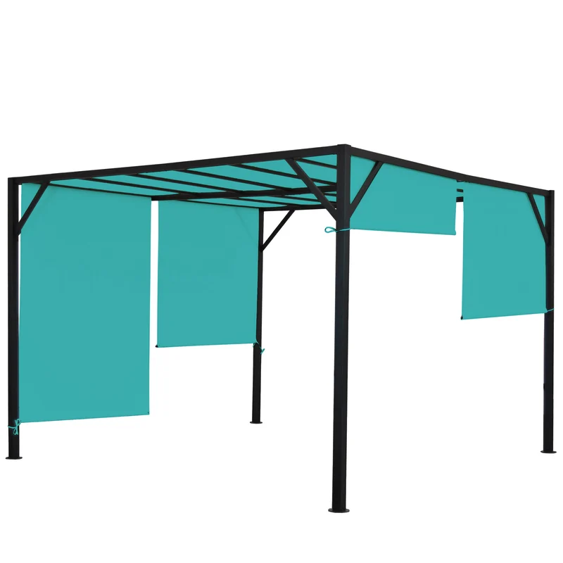 Pergola pavillon de jardin toit terrasse, structure acier stable 6cm + toit coulissant bleu turquoise 3x4m 04_0004081