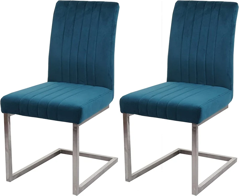 Lot de 2 chaises de salle à manger chaise de conférence en acier inoxydable brossé velours bleu turquoise CDS04485
