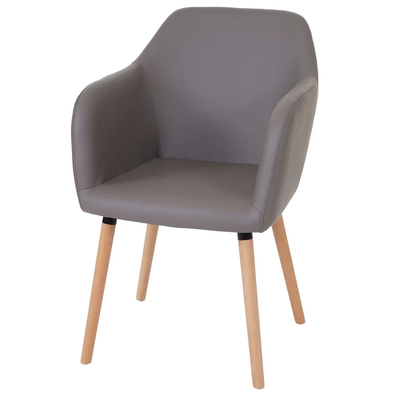 Chaise de salle à manger cuisine design rétro en synthétique gris taupe pieds bois clair 04_0002362
