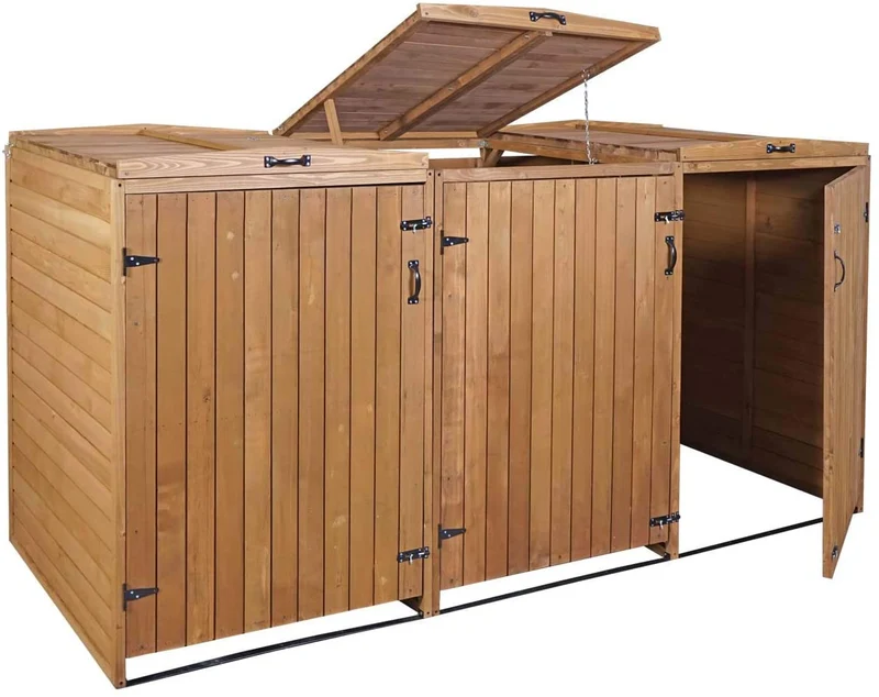 Abri de poubelles extérieur conteneurs à ordures avec couvercle jusqu'à 6 bacs 120x75x96 en bois certifié FSC marron 04_0005620