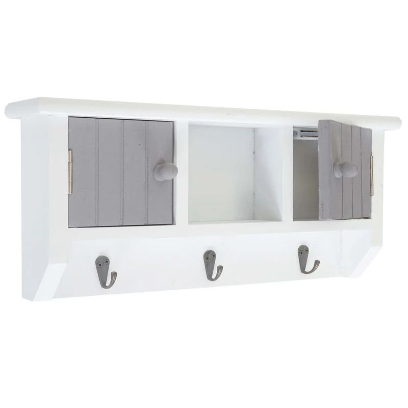 Porte-clés meuble d'entrée mural avec portes et étagère en bois massif gris-blanc 04_0003587
