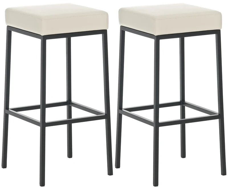 Lot de 2 tabourets de bar avec repose-pieds design simple hauteur 80 cm assise en PVC crème support en métal noir 10_0004364