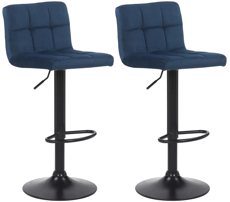 Lot de 2 tabourets de bar en velours bleu coutures décoratives piètement métal noir 10_0004143