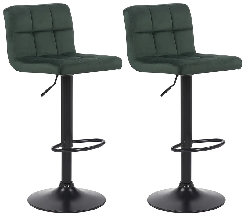 Lot de 2 tabourets de bar en velours vert coutures décoratives piètement métal noir 10_0004145