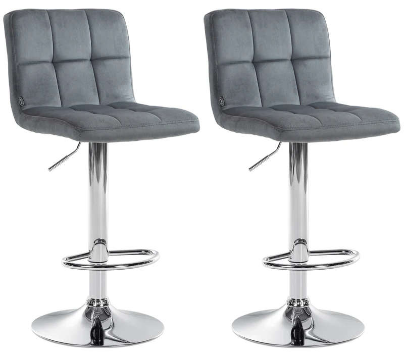 Lot de 2 tabourets de bar en velours gris foncé avec coutures décoratives pied en trompette métal chromé 10_0004390