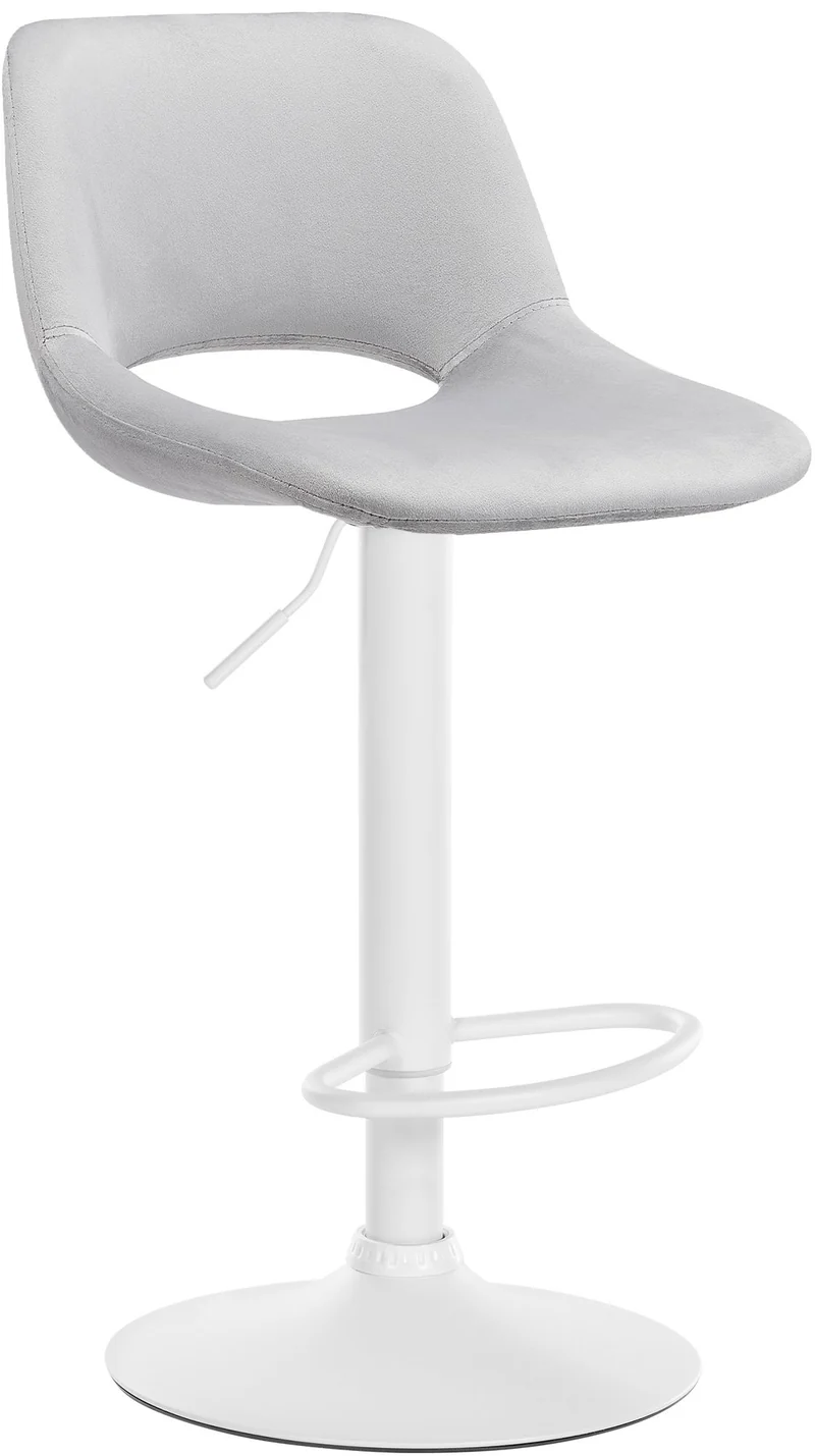 Tabouret de bar chaise haute x1 avec repose-pieds en velours gris clair piètement métallique blanc 10_0004607