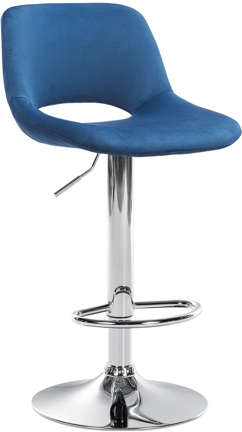 Tabouret de bar chaise haute x1 avec repose-pieds en velours bleu piètement métallique chromé 10_0004591