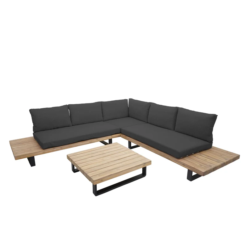Salon de jardin terrasse balcon luxe ensemble canapé table en bois FSC certifié coussin gris foncé 04_0003578