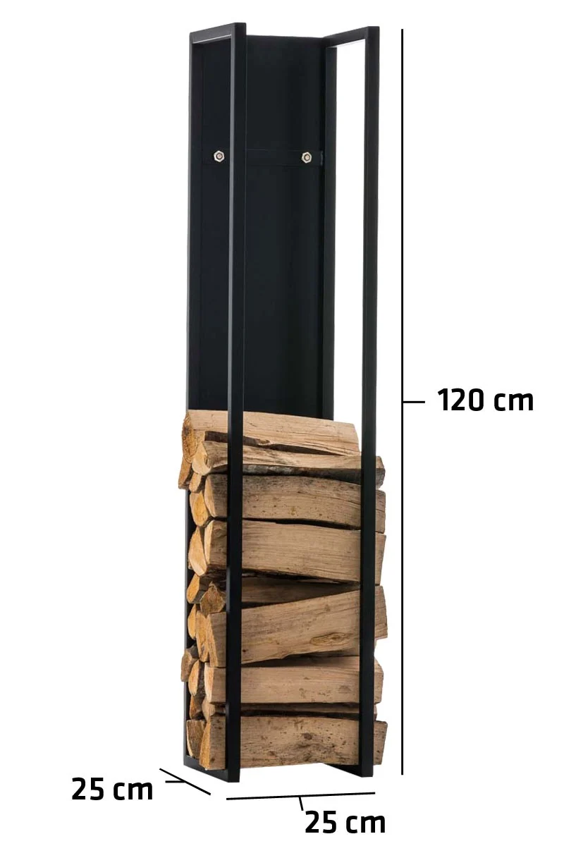 Range-bûches étagère en métal noir bois de cheminée 25x25x120 cm DEC10019