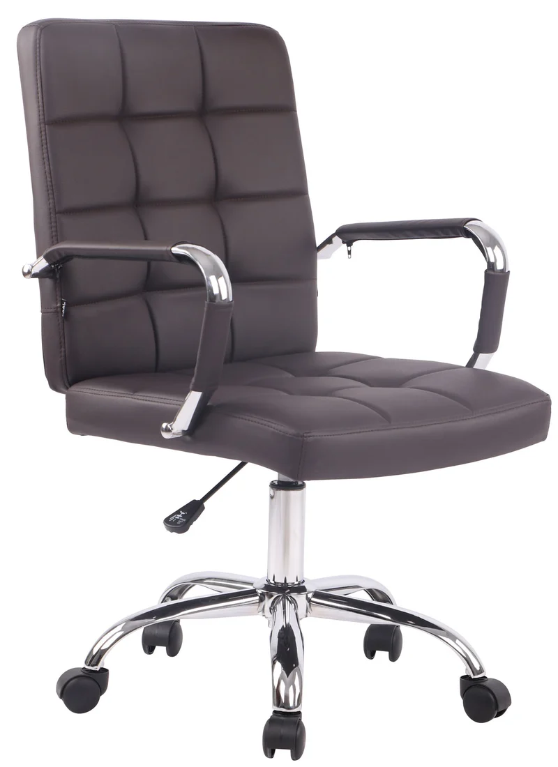 Chaise de bureau sur roulettes coutures décoratives carrées accoudoirs en PVC marron et métal chromé 10_0002467