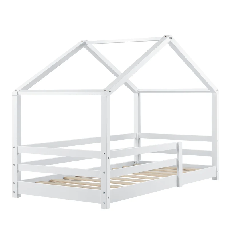 Lit cabane maison pour enfant avec barrière et sommier à lattes bois de pin blanc 200 x 90 cm 03_0005527
