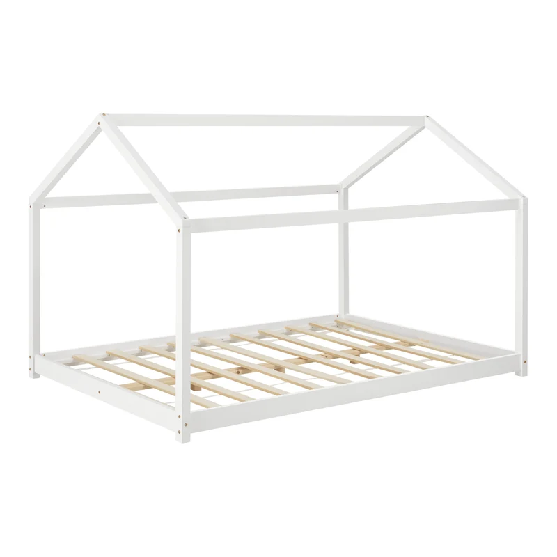 Lit pour enfant en forme de maison avec sommier à lattes en pin blanc 120 x 200 cm 03_0005405
