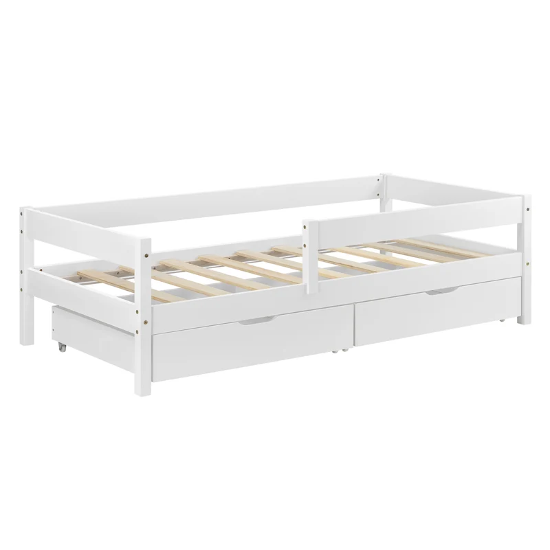 Lit pour enfant avec barrière anti-chute sommier et tiroirs de rangement bois de pin blanc 90 x 200 cm 03_0005419