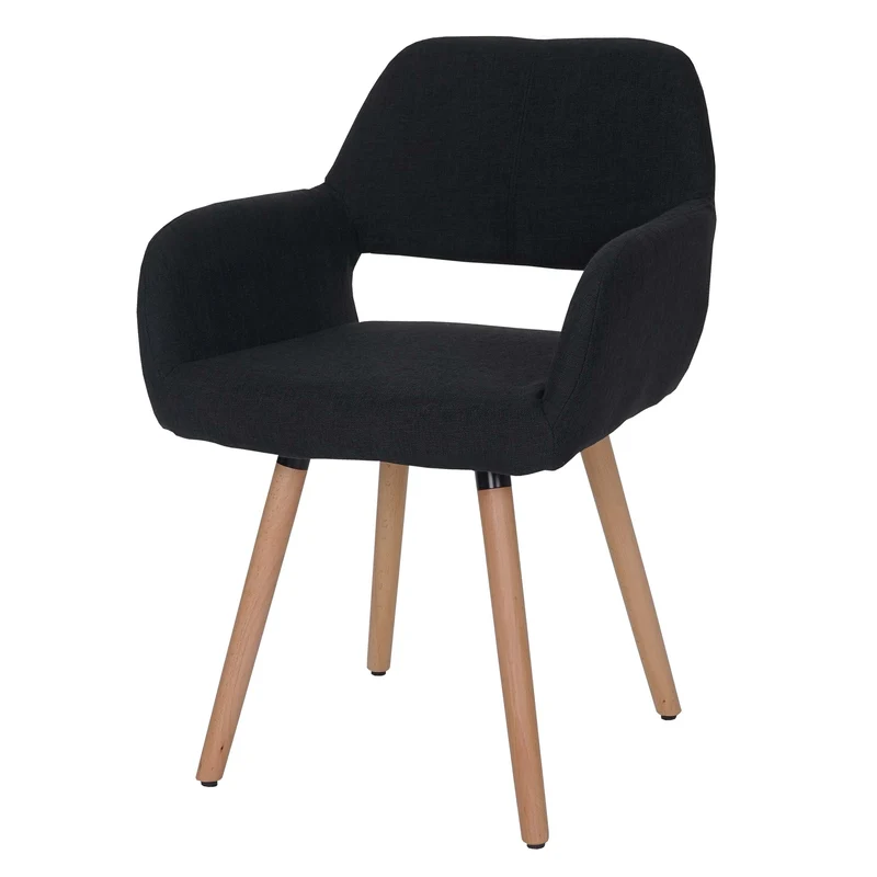 Chaise de salle à manger bureau visiteur sans roulette design rétro en tissu noir pied en bois clair 04_0002148