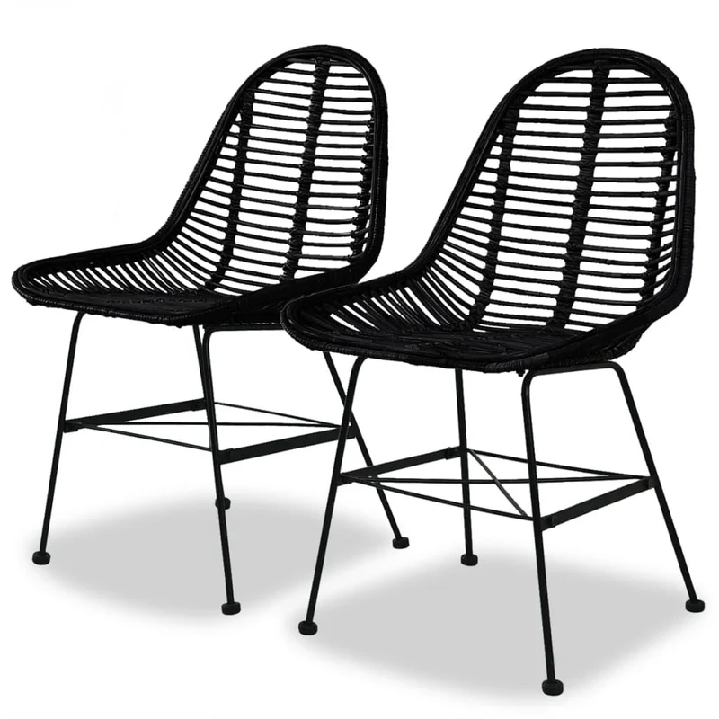Set de 2 chaises de salle à manger style colonial en rotin naturel noir pieds en fer forgé DEC025551