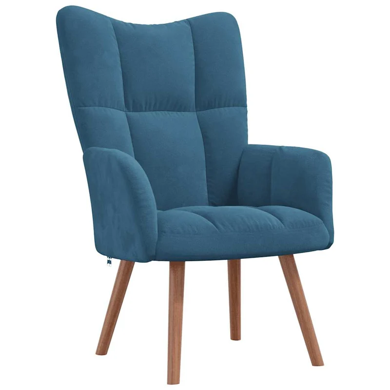 Fauteuil lounge chaise de canapé design moderne en velours bleu pieds bois et acier DEC026647